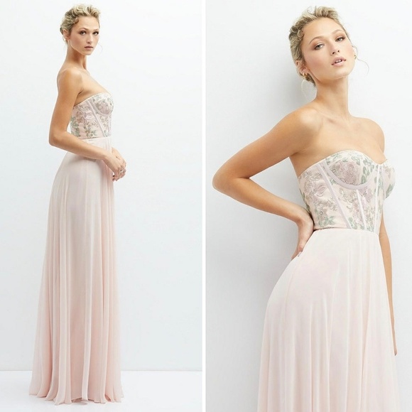 Dessy Collection Strapless Floral Embroidered Corset Maxi Dress Size 16 - Picture 4 of 11
